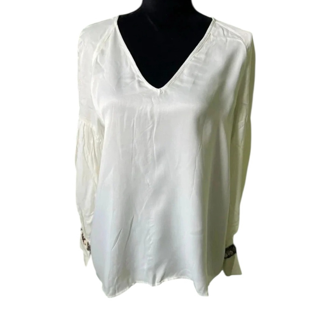 Zara Women’s White Sequin Cuff Long Sleeve Blouse Medium‎